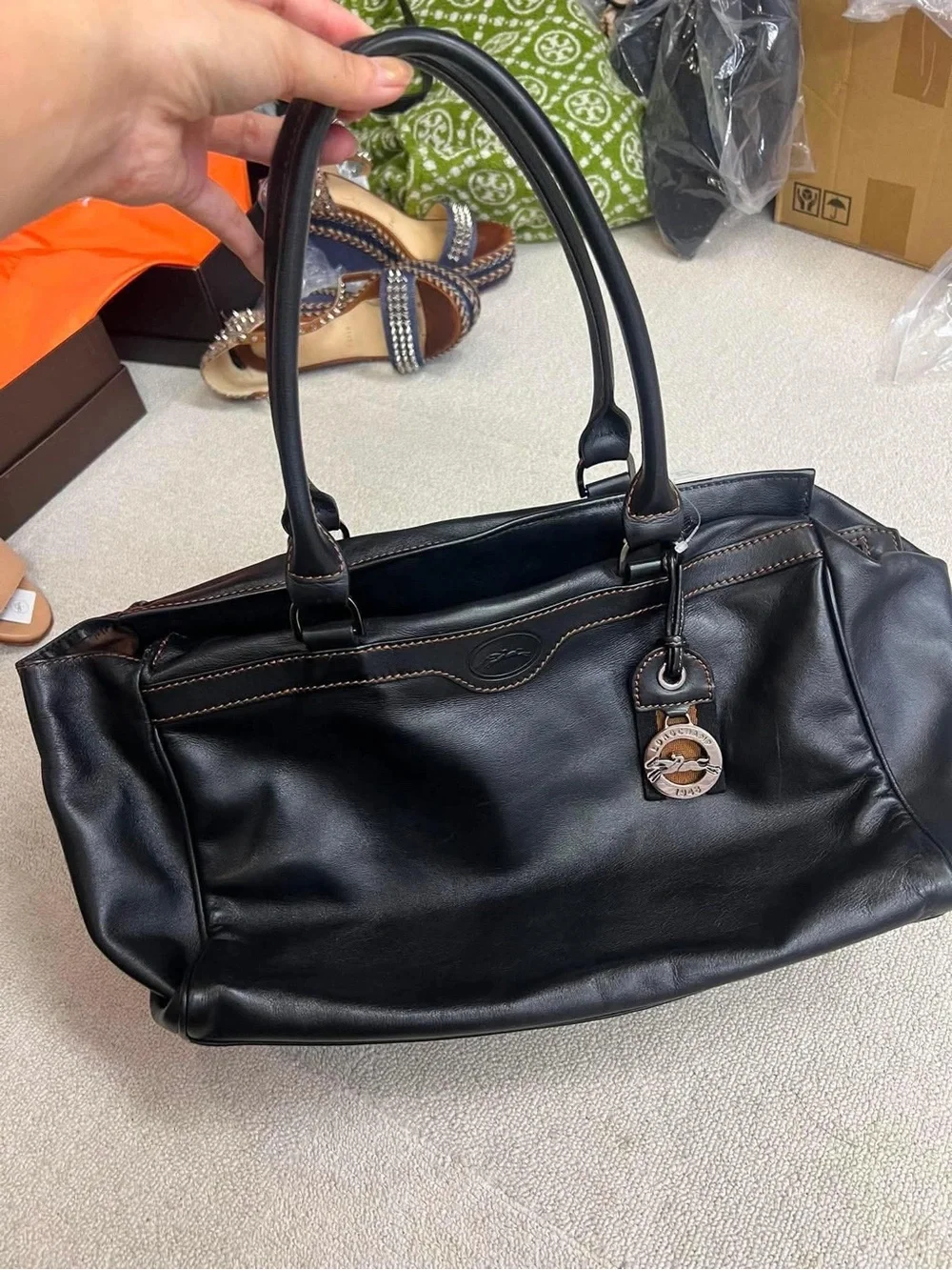 Longchamp Black Leather Tote with Brown Contrast Trim